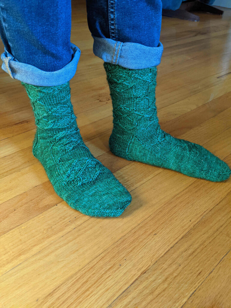 A pair of feet in green Ebla socks knit in Anzula Nebula yarn toes pointing right.