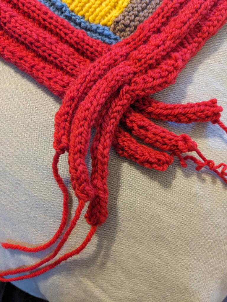Corner with purl ends woven in ready to be woven
